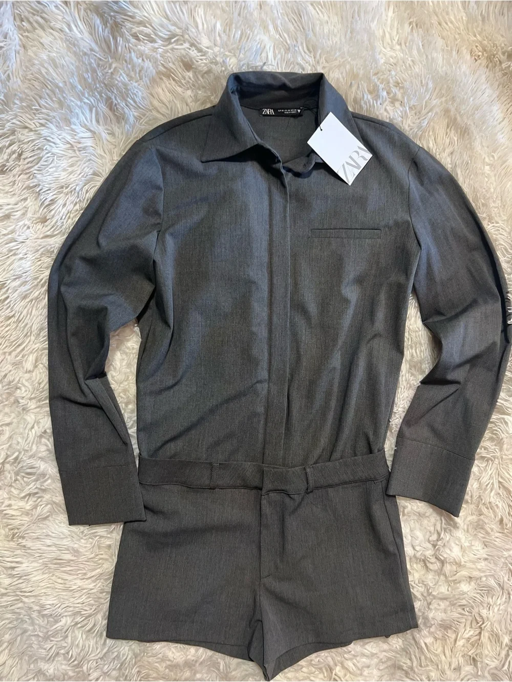 ZARA SHIRT STYLE MASCULINE JUMPSUIT PLAYSUIT GREY- SZ XS-NWT
